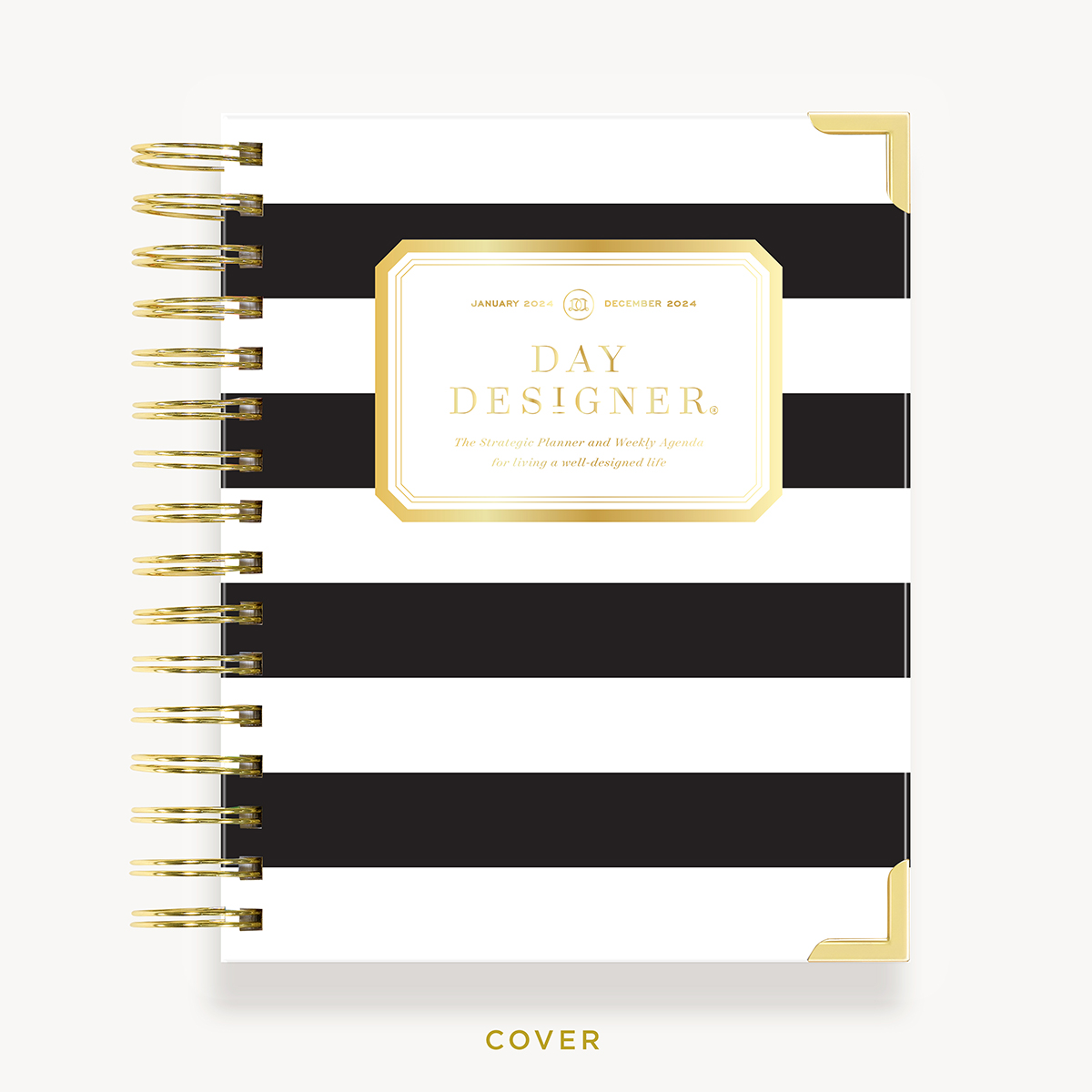 black and white striped mini size daily planner cover with gold binding, corner protectors, day designer logo