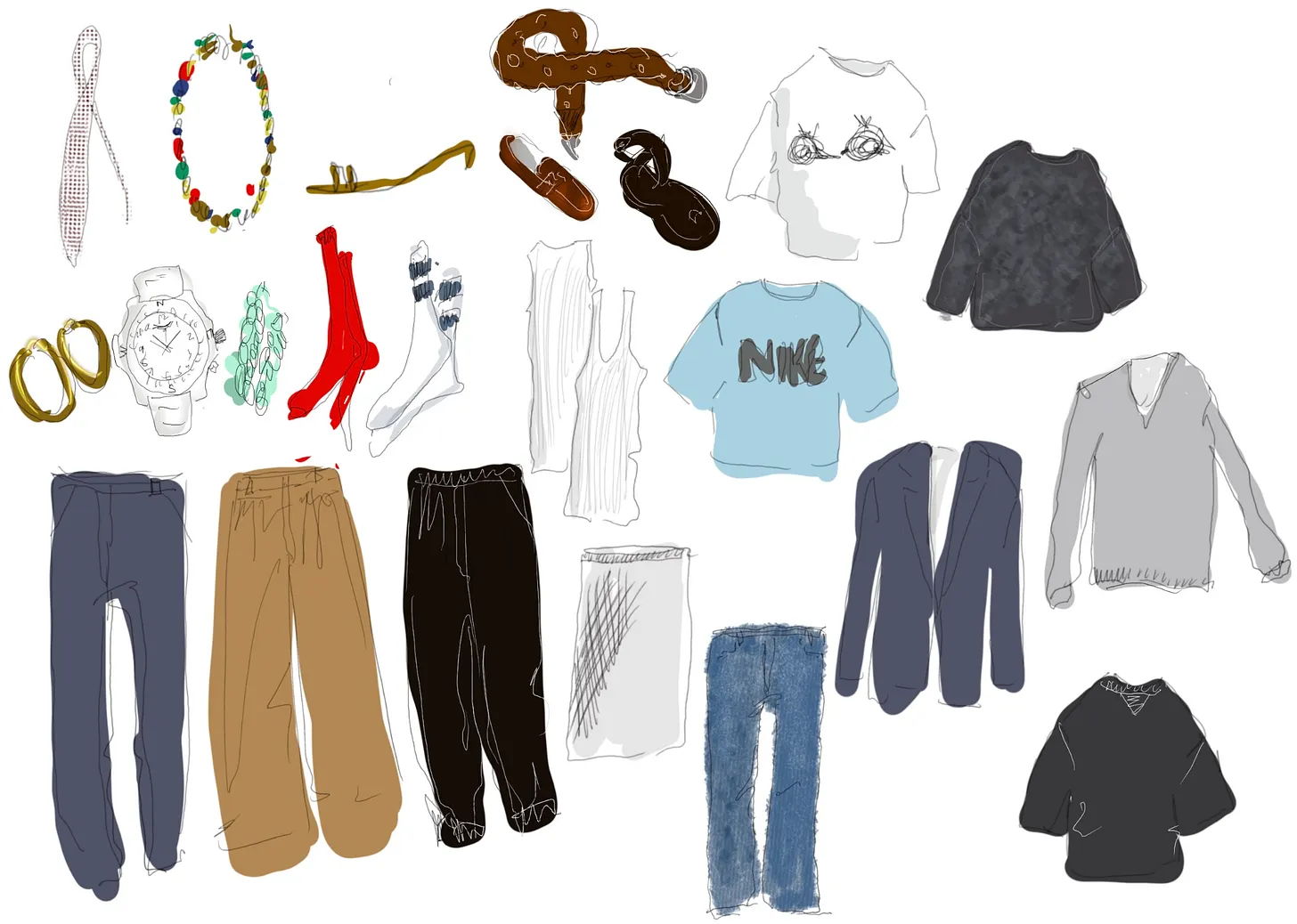 Collection of various clothing items and accessories illustrated on a white background.