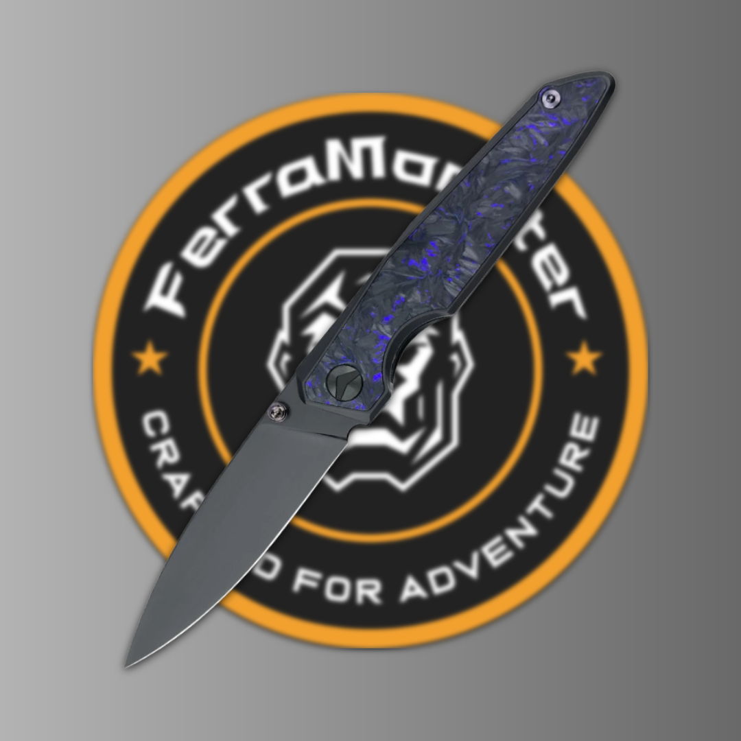 Knife with a patterned handle over a circular logo background.
