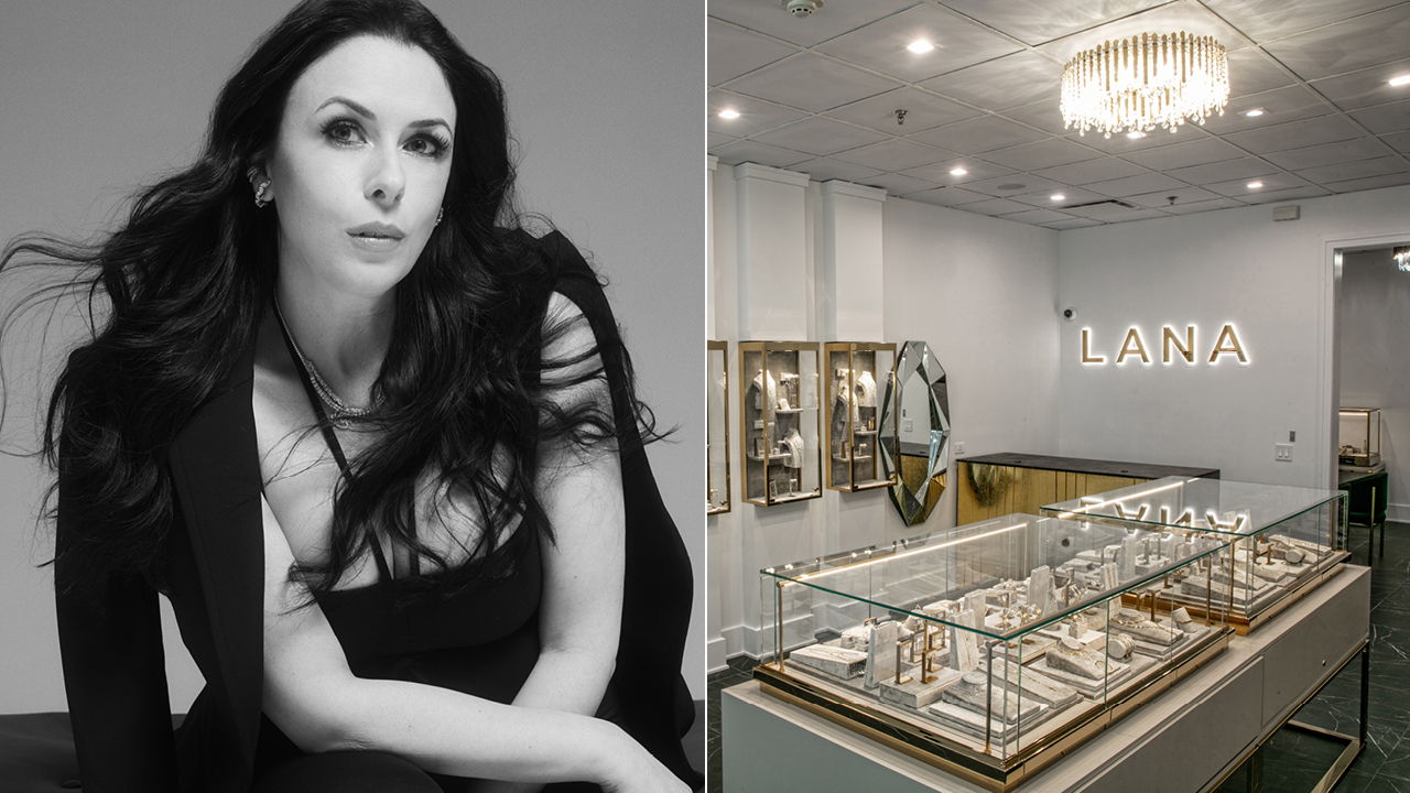 Split image featuring a black-and-white portrait of a woman with long dark hair wearing layered necklaces and a black outfit on the left, and the interior of a LANA jewelry boutique on the right with illuminated 