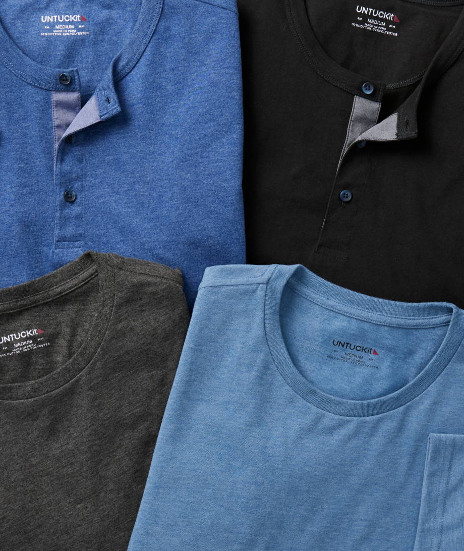 Collection of UNTUCKit Tees and Henleys in various colors. 