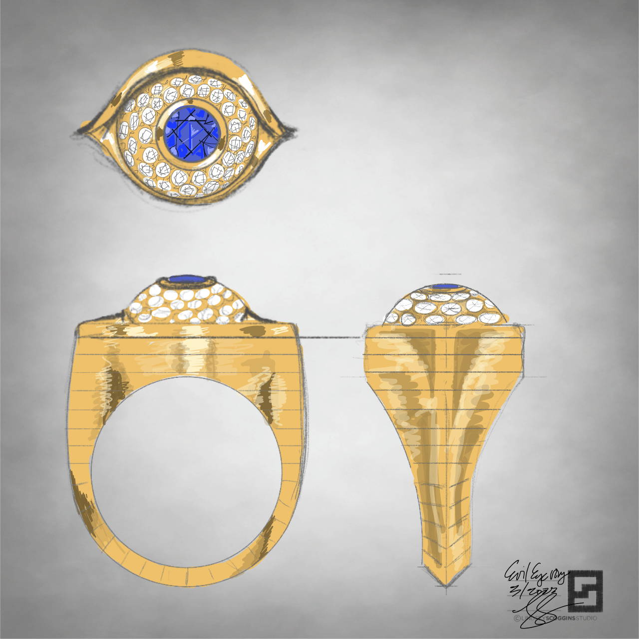 solid gold diamond and sapphire evil eye ring