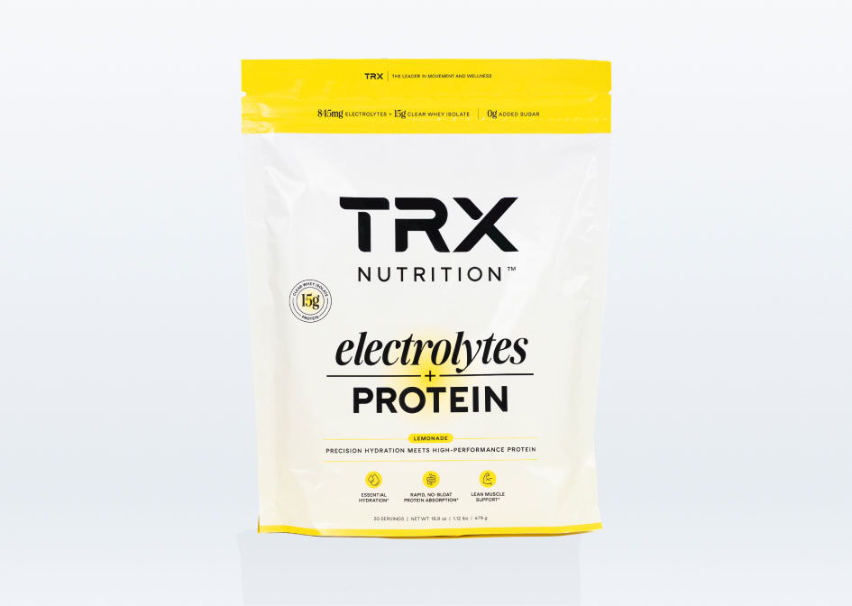 TRX Nutrition electrolytes and protein powder packaging.
