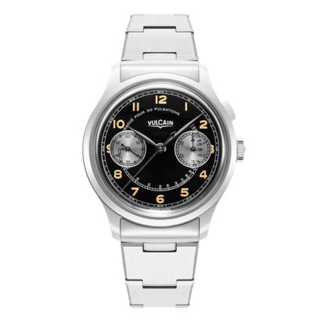 Silver watch with a black dial and two sub-dials.