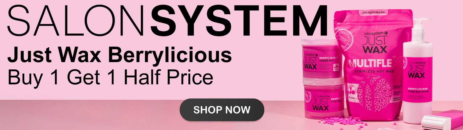 Promotional banner for Salon System's Just Wax Berrylicious with sale offer.