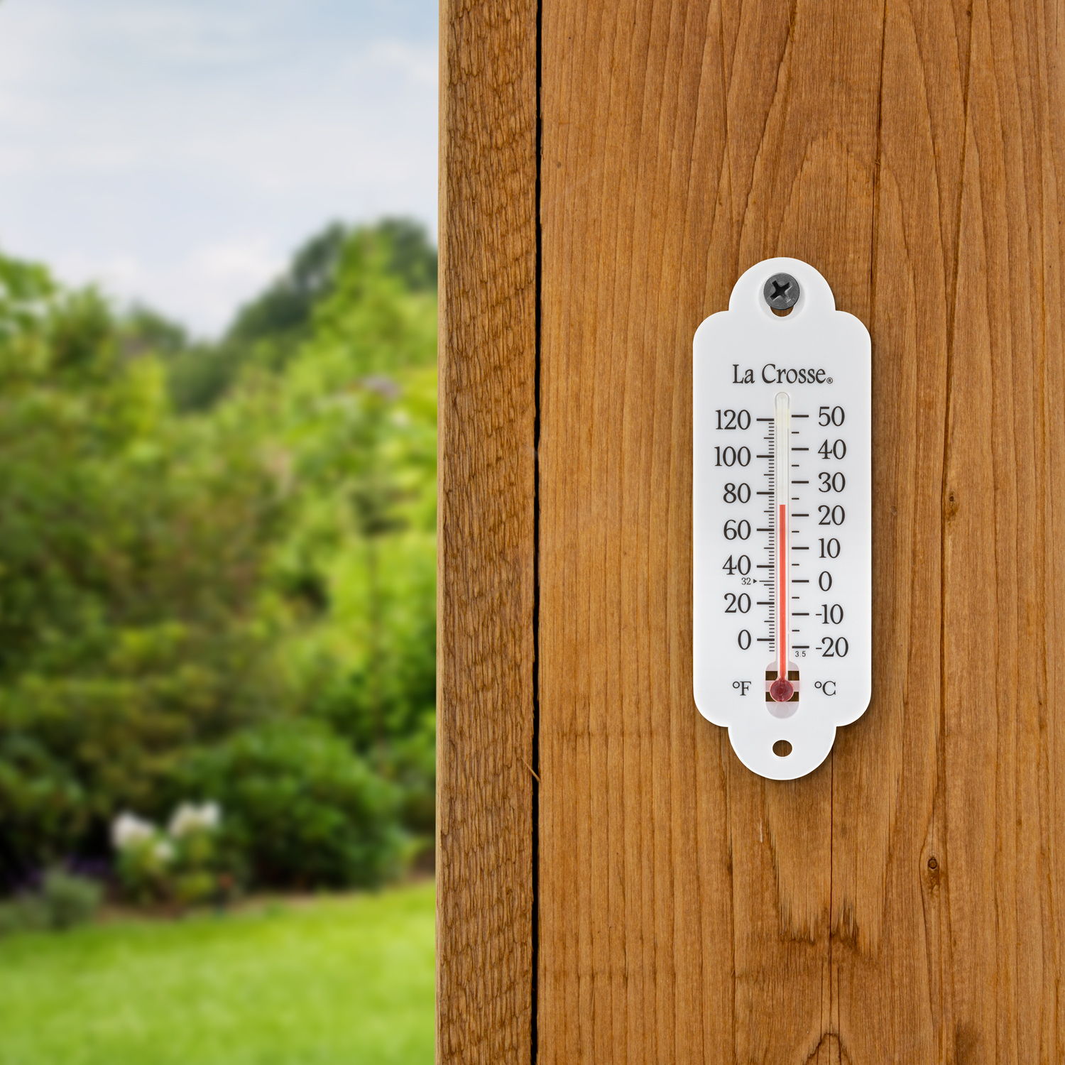204-111 thermometer hung outside on a shaded post