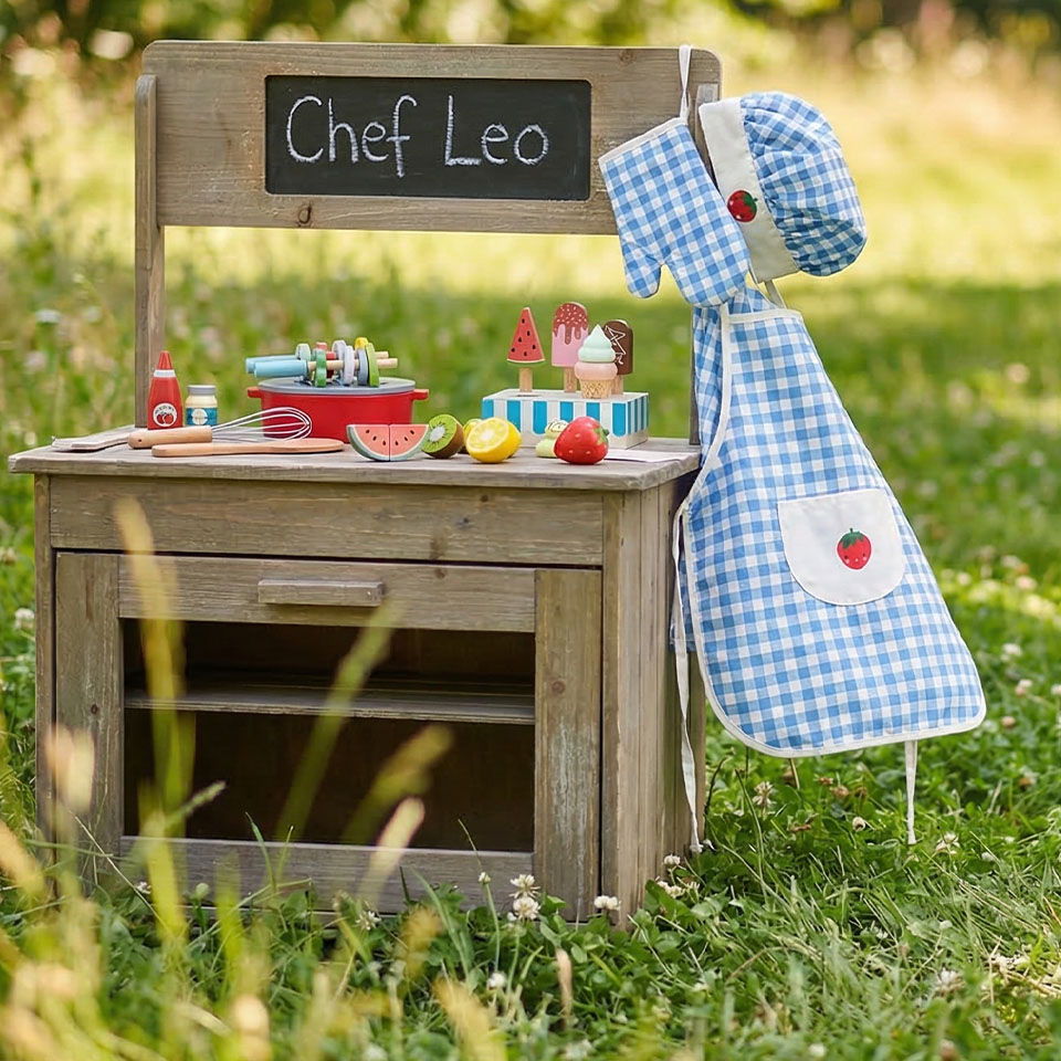 Wooden play kitchen with Chef Leo sign, apron, and toy food items in grass.