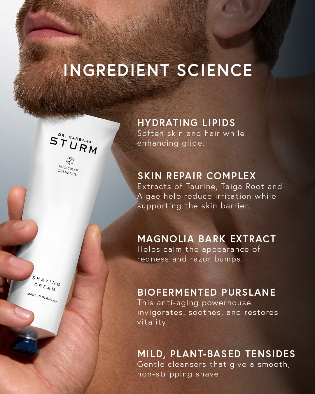 Product tube with ingredient descriptions and a male model's shoulder in background.