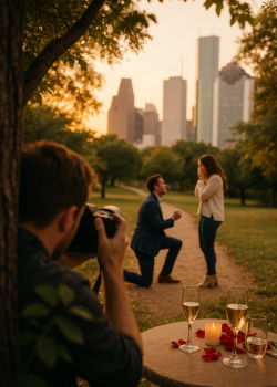 Photographer capturing a surprise marriage proposal in a park with the city skyline behind them.