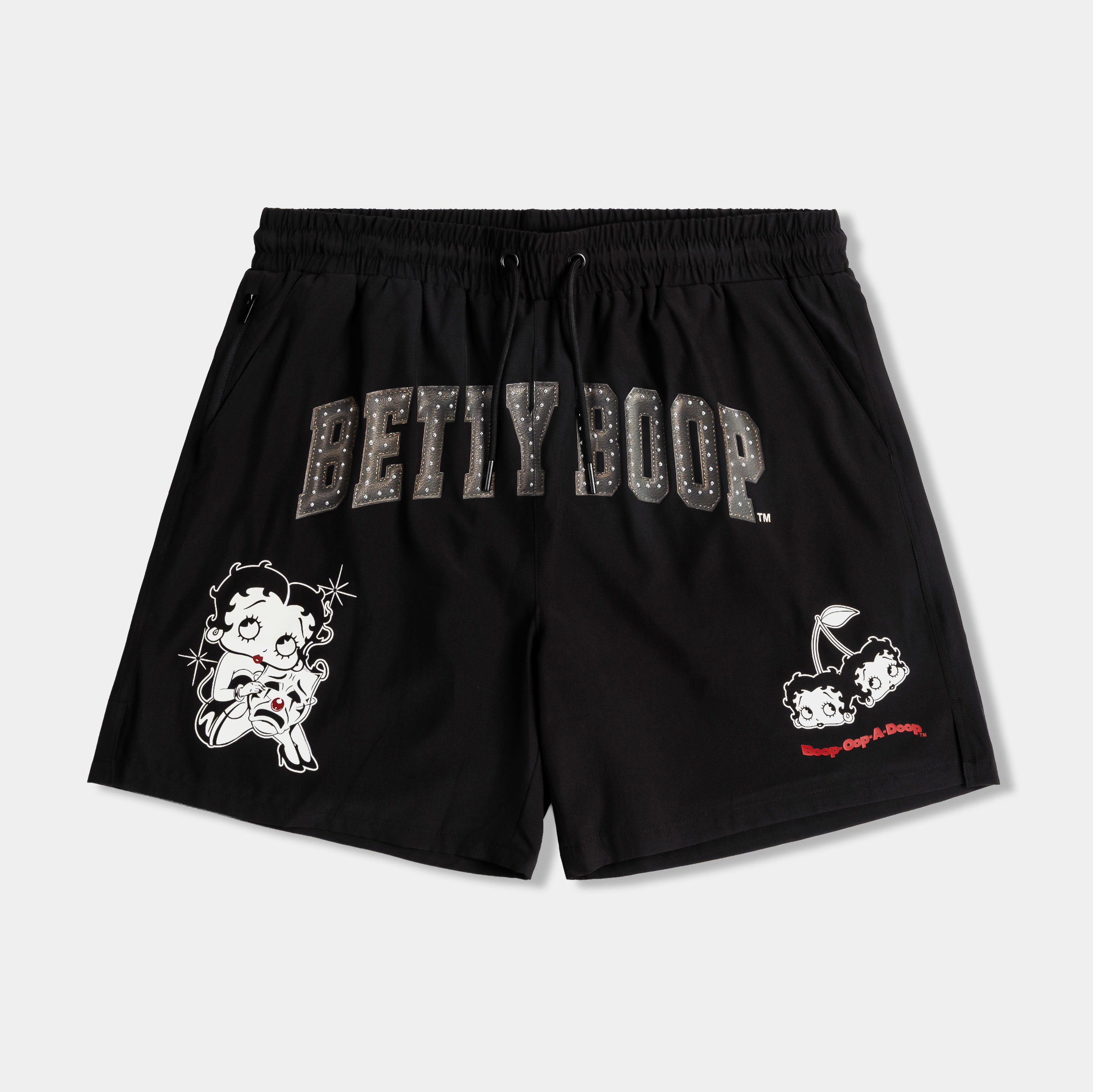 Black shorts with Betty Boop graphics and text.