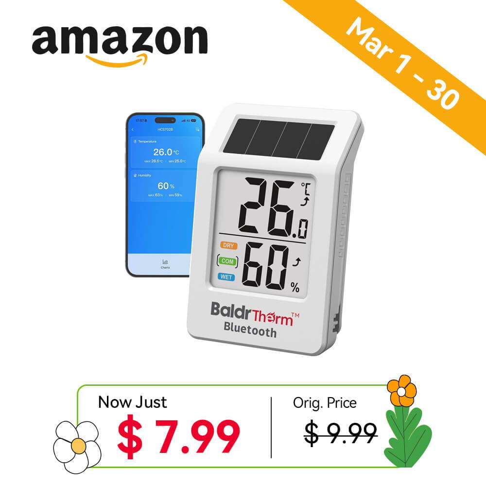 Digital thermometer display with smartphone app and promotional pricing details.