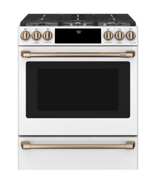 Cafe Matte White gas range with five burners and an oven below.