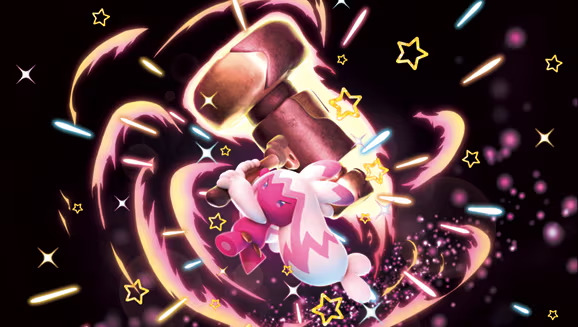 Scarlet & Violet 4.5 - A cute character wielding a large hammer with sparkling effects and stars.