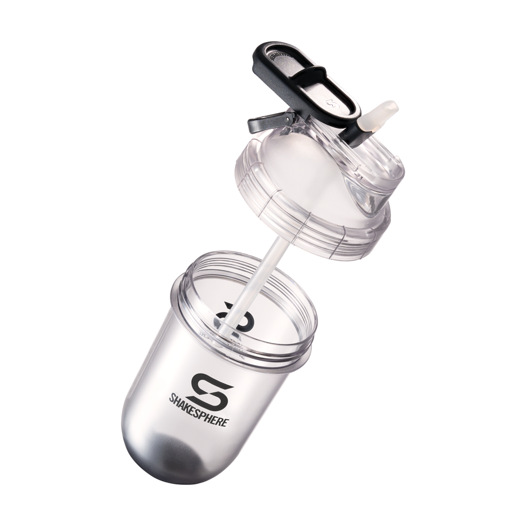Transparent shaker bottle with a flip-top lid and straw.