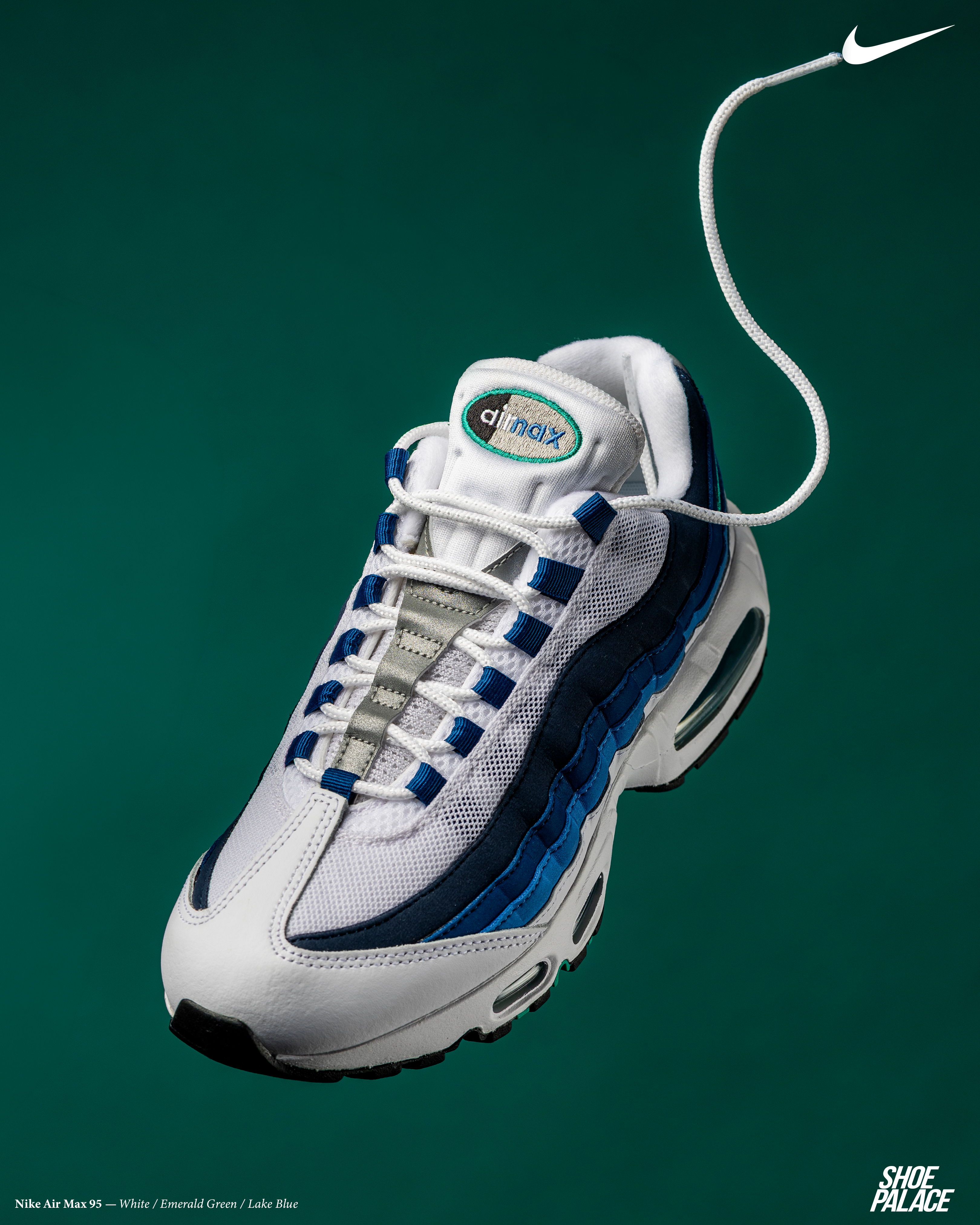 Nike Air Max 95 sneaker with blue and white design on a green background.