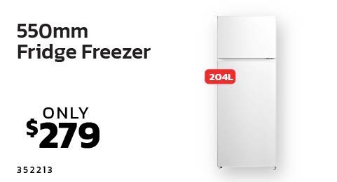 White fridge freezer with price and capacity details.