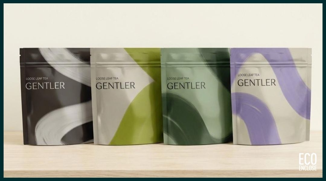 Four containers with abstract designs and the word 