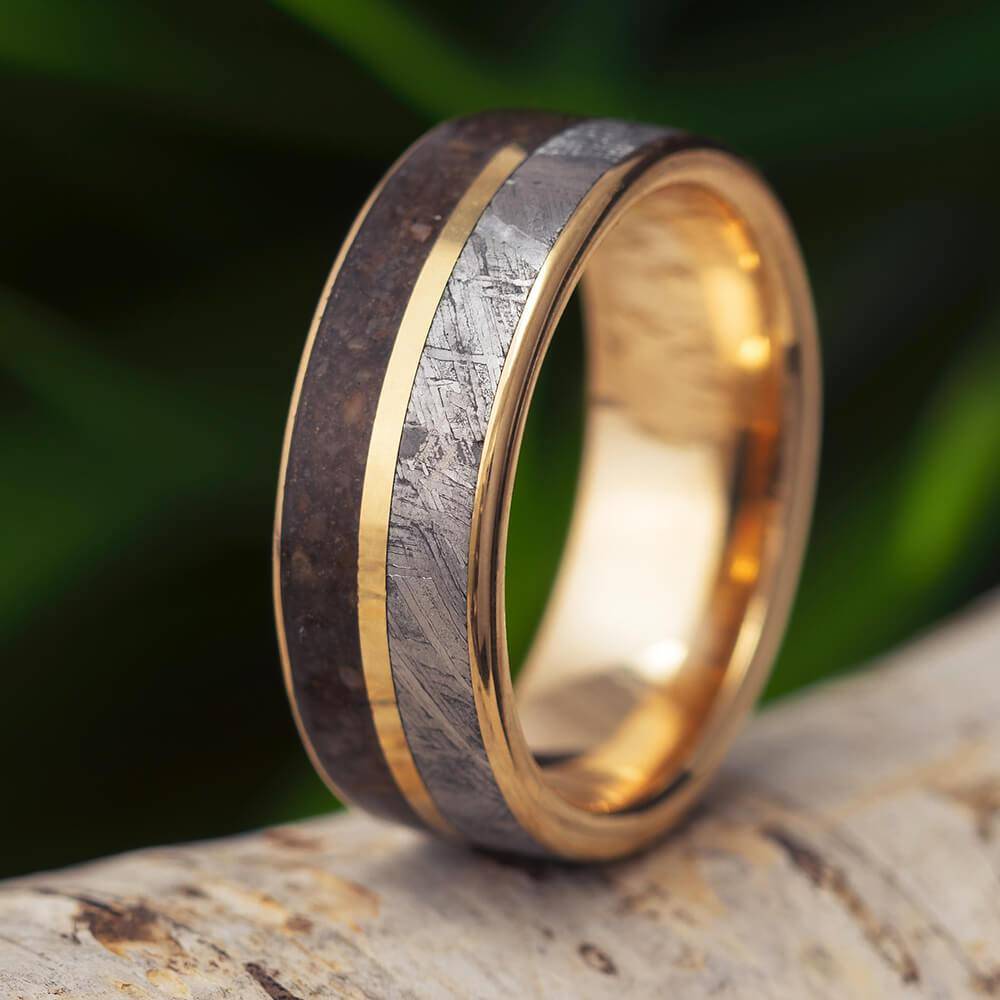 Yellow Gold Ring With Pinstripe and Two Inlays