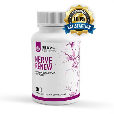 Bottle of Nerve Renew dietary supplement with satisfaction guarantee seal.