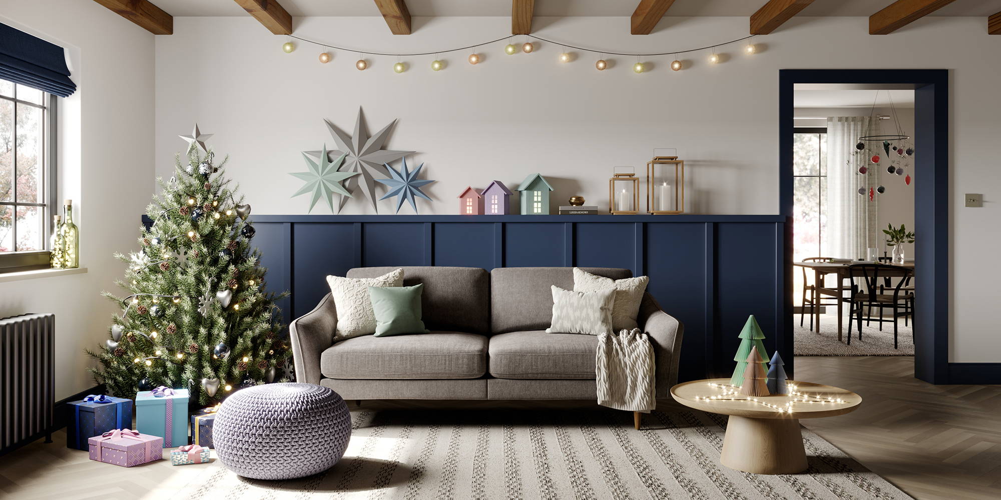 grey rebel 3 seater sofa with christmas decor