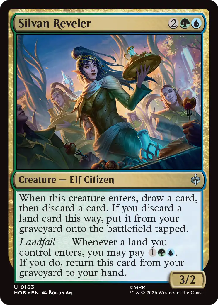 The card SIlvan Reveler from the Hobbit MTG crossover.