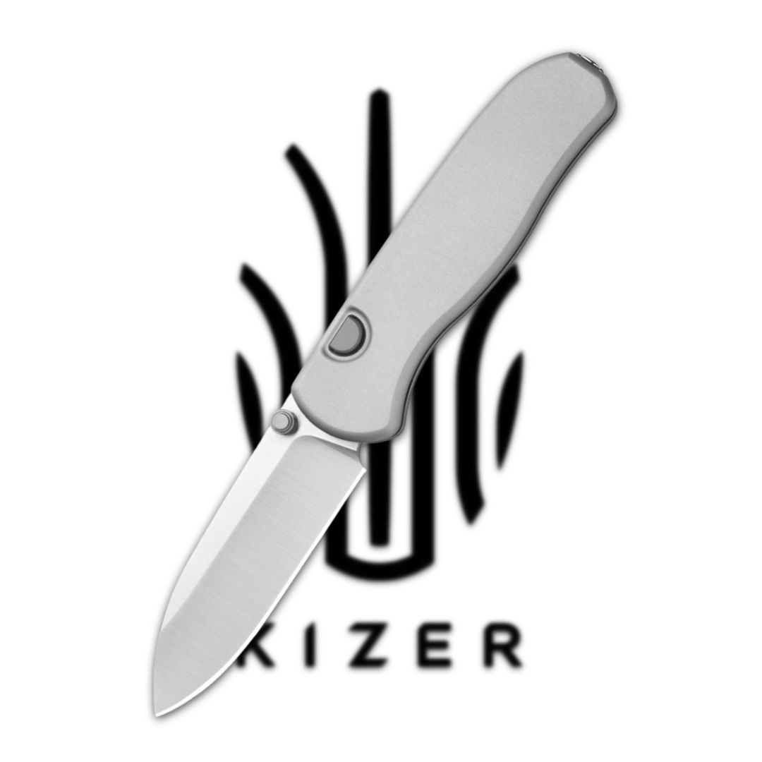 Silver folding knife next to Kizer logo.