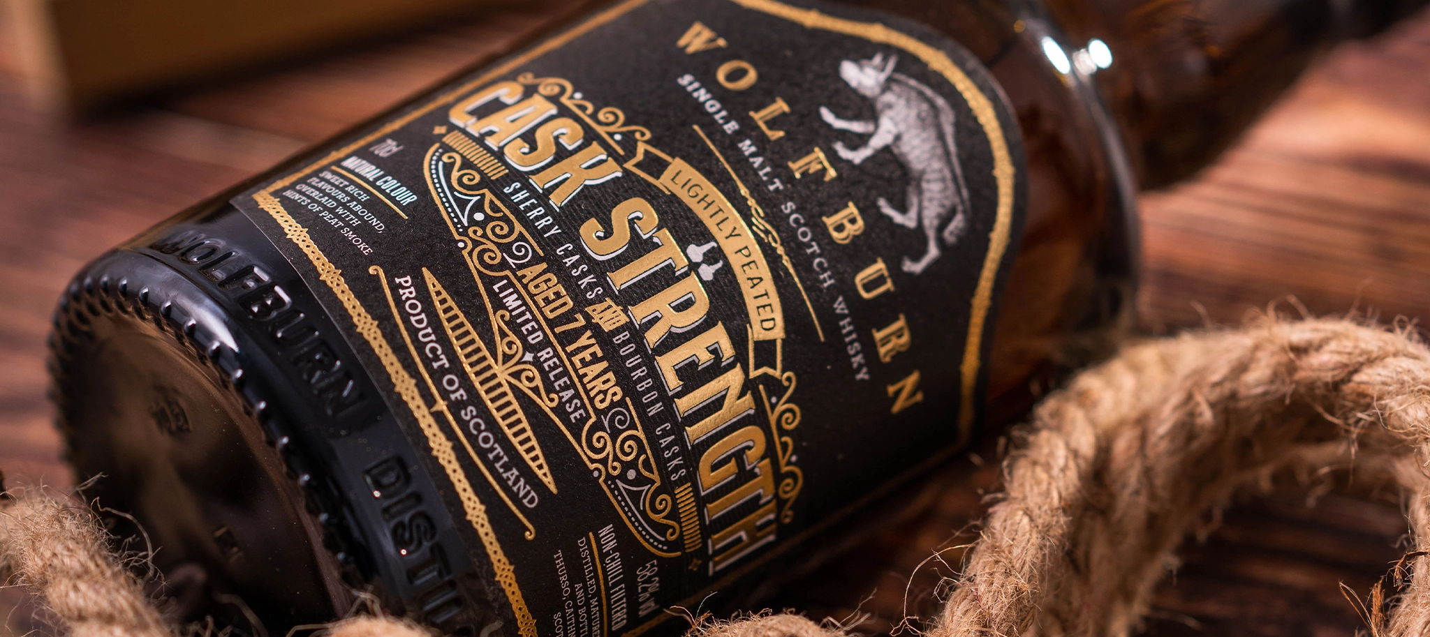 Wolfburn Cask Strength Single Malt Whisky with old rope