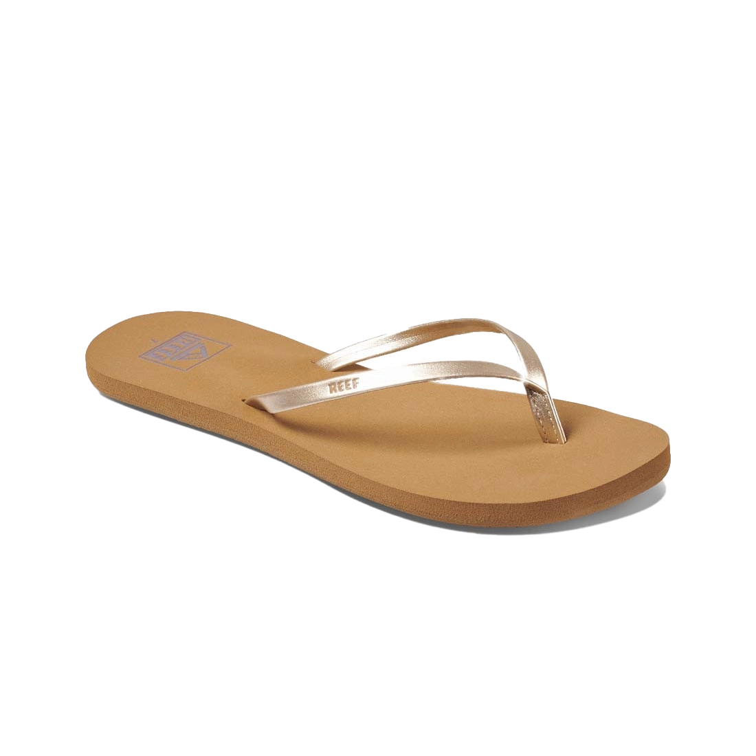 A single brown flip-flop with metallic straps on a white background.