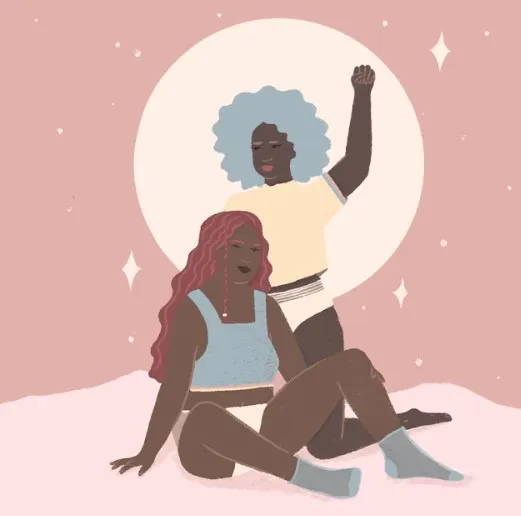 Ilustração de duas mulheres, uma sentada e a outra ajoelhada com um braço para cima. Atrás delas a lua