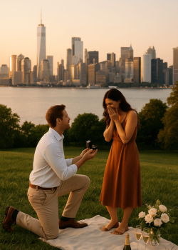 Man proposing at sunset on Governors Island with a picnic setup and the Manhattan skyline in the background.