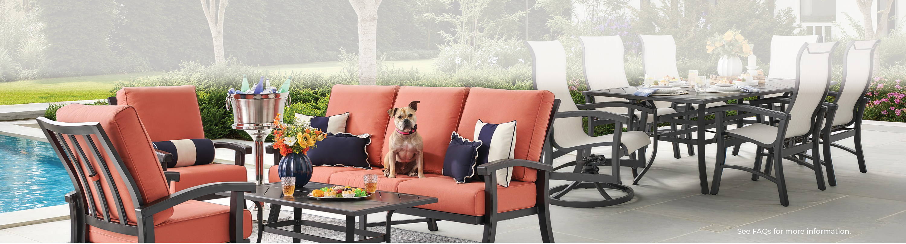 Outdoor furniture set with a pool, promotional text below.