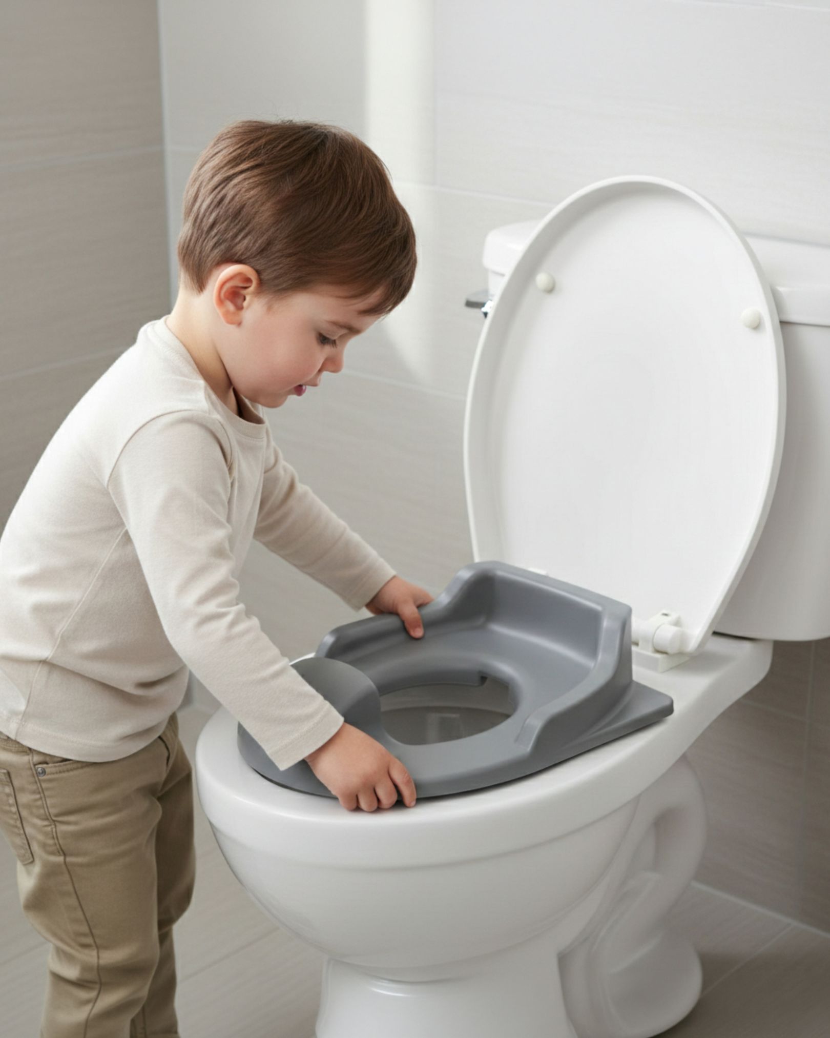 Child placing a toilet training seat on a toilet.