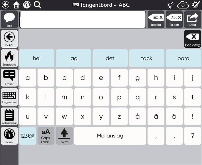 Tobii Dynavox TD Snap Text skärmdump av siduppsättning med tangentbord med ordprediktion