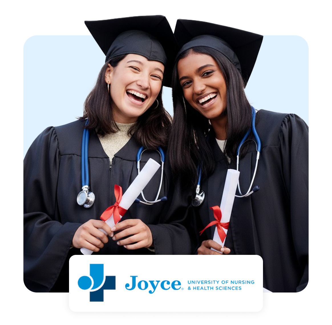 Two graduates in caps and gowns, smiling with diplomas.