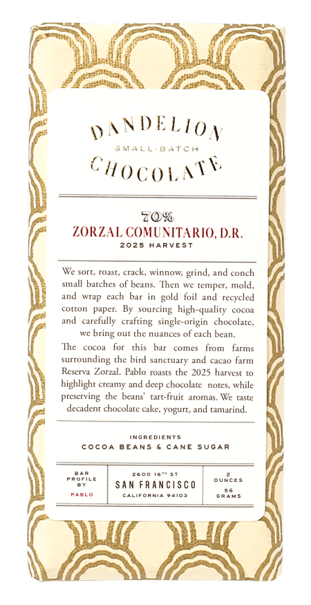 Dandelion Chocolate bar packaging with description and ingredients.
