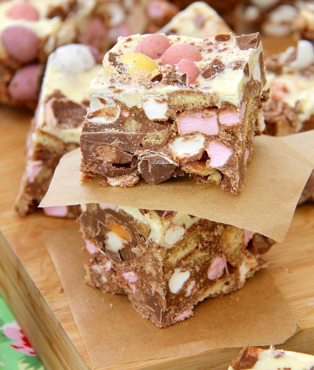 Mini egg rocky road cut into squares.