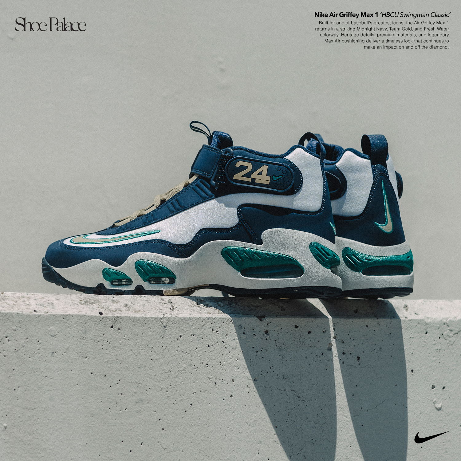 Nike sneakers in blue, white, and green on a ledge.