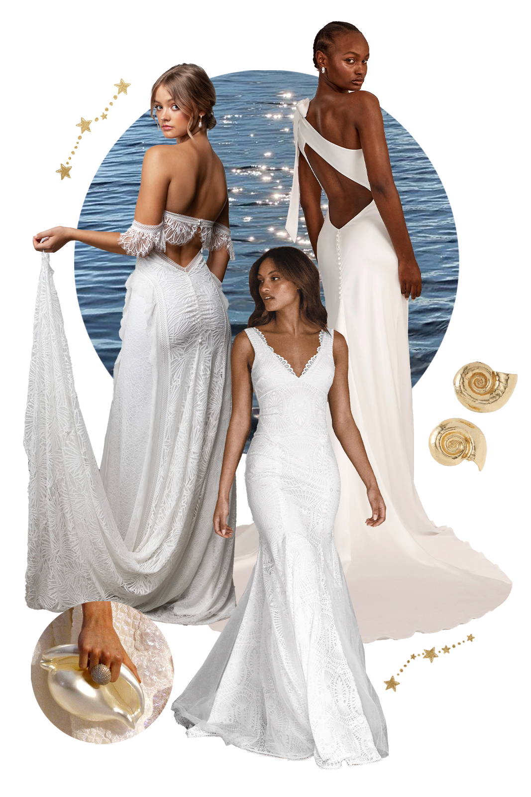 Water inspired collage featuring satin and lace wedding dresses