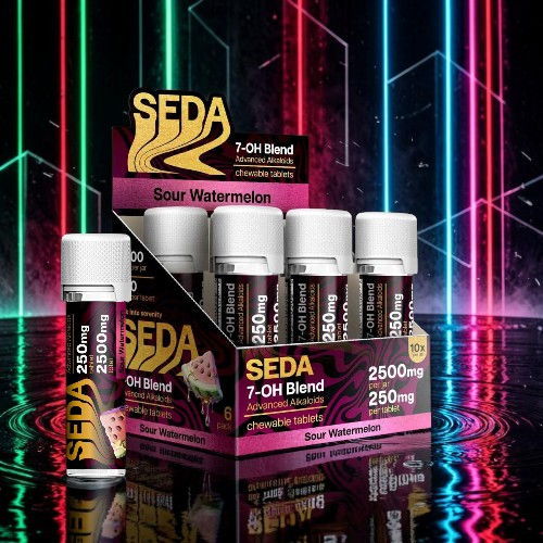 Seda sour watermelon 7-Oil blend bottles in a colorful display.
