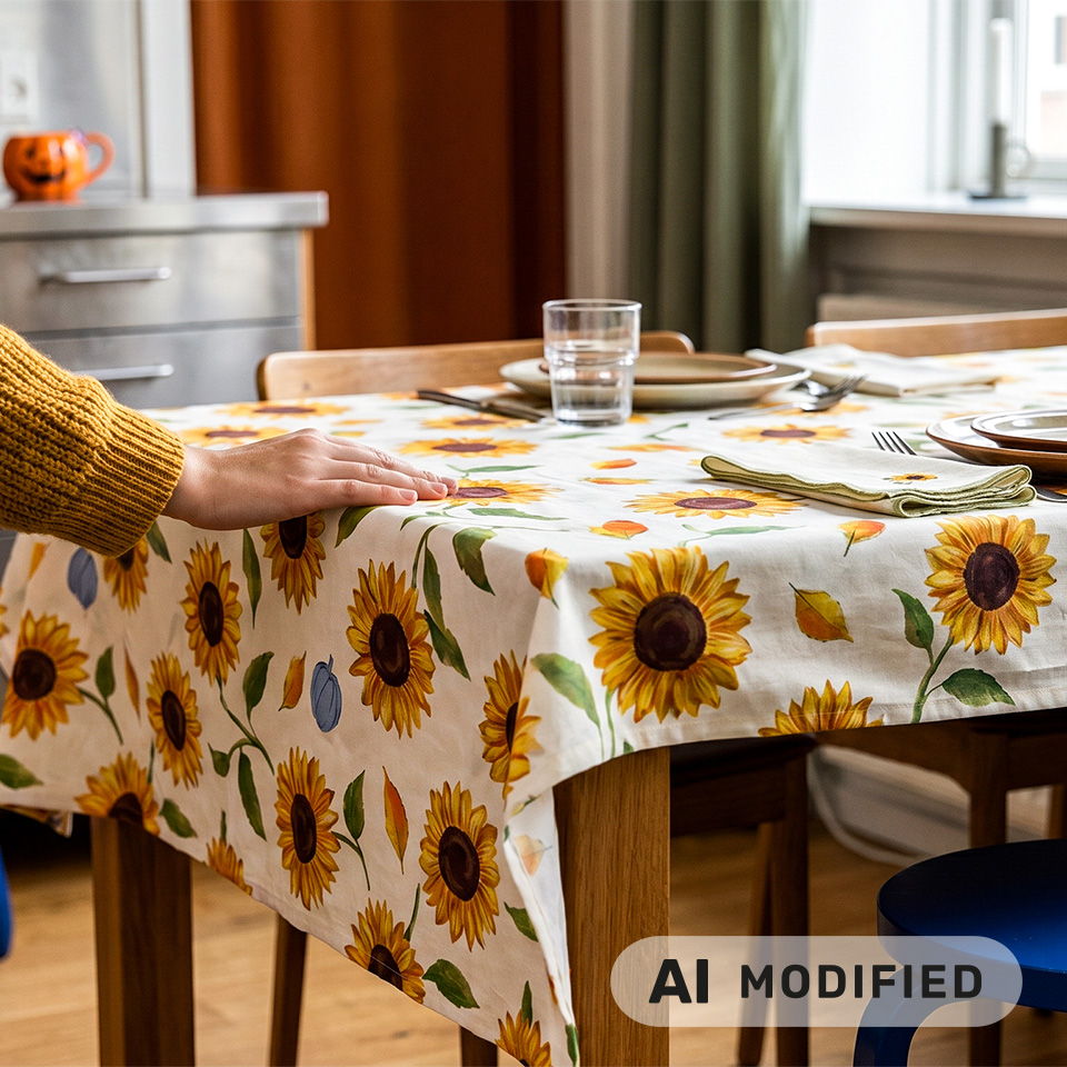 Une main reposant sur une nappe à motif de tournesols sur une table à manger.