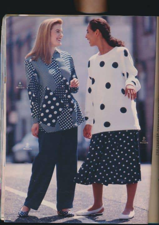 Sears 1992 Annual – This polka dots-on-dots look is a great ’90s look based on the pieces paired together—a tunic sweater layered over a pleated midi skirt!