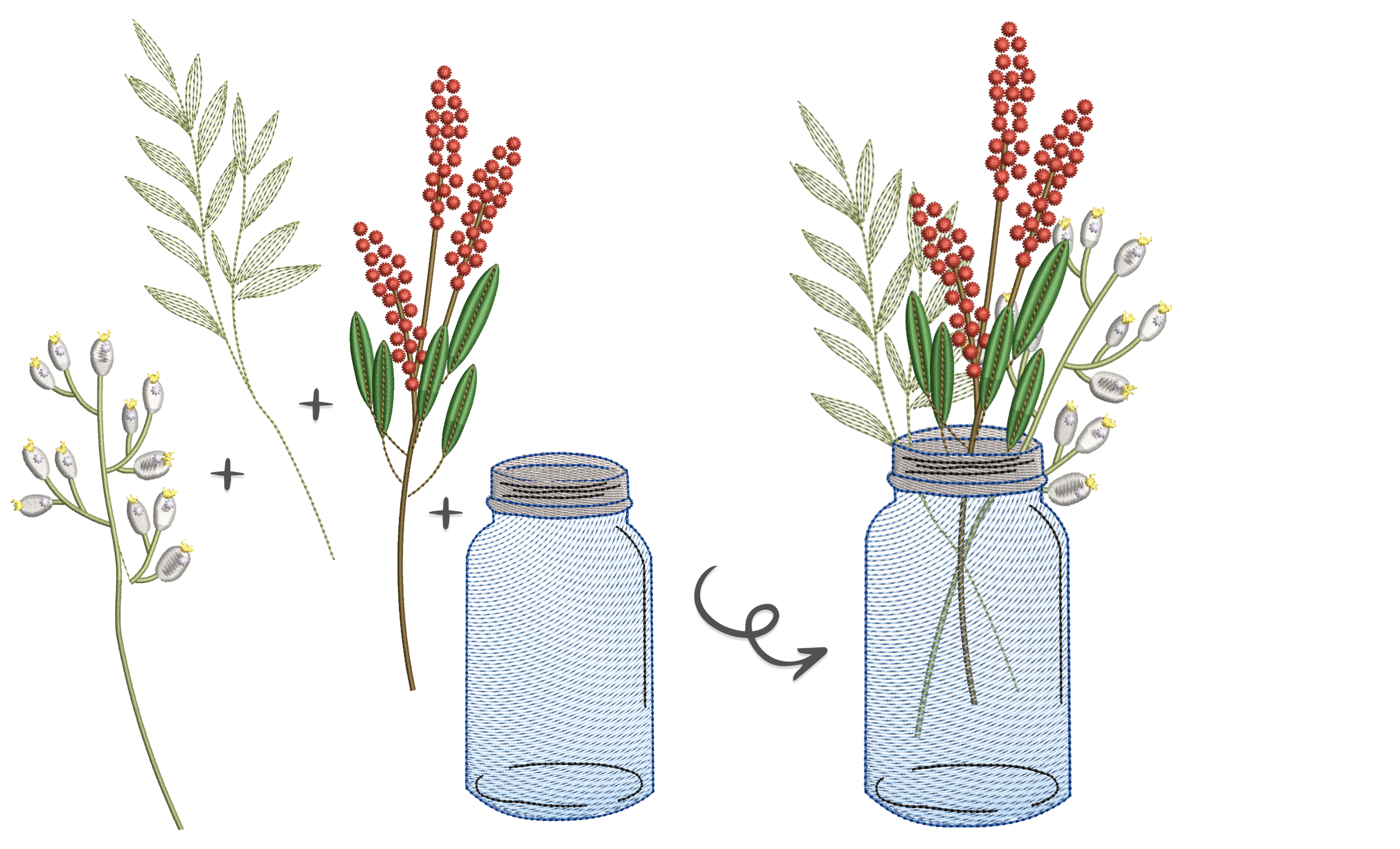 A variety of embroidered leaves and flowers added to an embroidered masonry jar.
