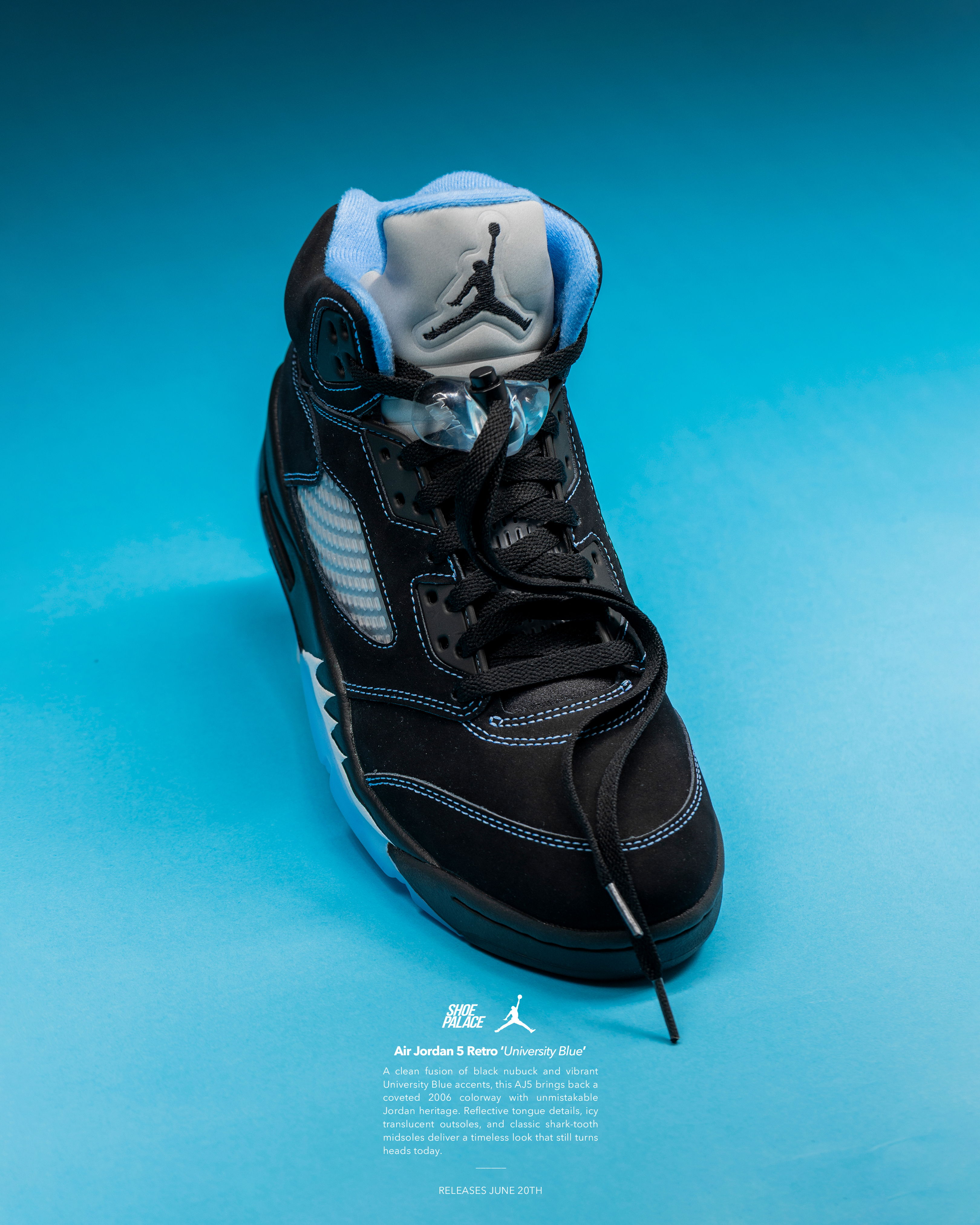 A single black and blue sneaker on a blue background.