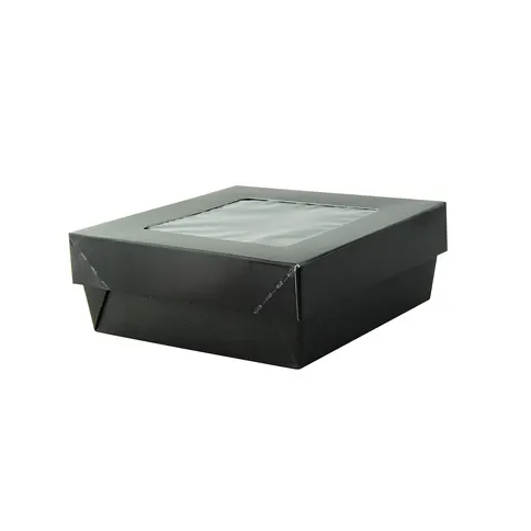 A black paper box with a windowed lid