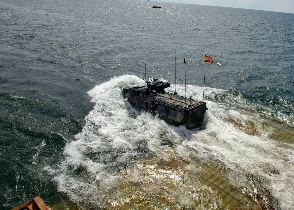 190615-N-AT530-1936 BALTIC SEA (June 15, 2019) A Spanish Navy amphibious assault vehicle (AAV) exits the well deck of the Whidbey Island-class amphibious dock landing ship USS Fort McHenry (LSD 43) as part of Baltic Operations (BALTOPS) 2019, June 15. BALTOPS is the premier annual maritime-focused exercise in the Baltic Region, designed to enhance flexibility and interoperability among the 18 participating allied and partner nations. (U.S. Navy photo by Mass Communication Specialist 2nd Class Chris Roys/Released)