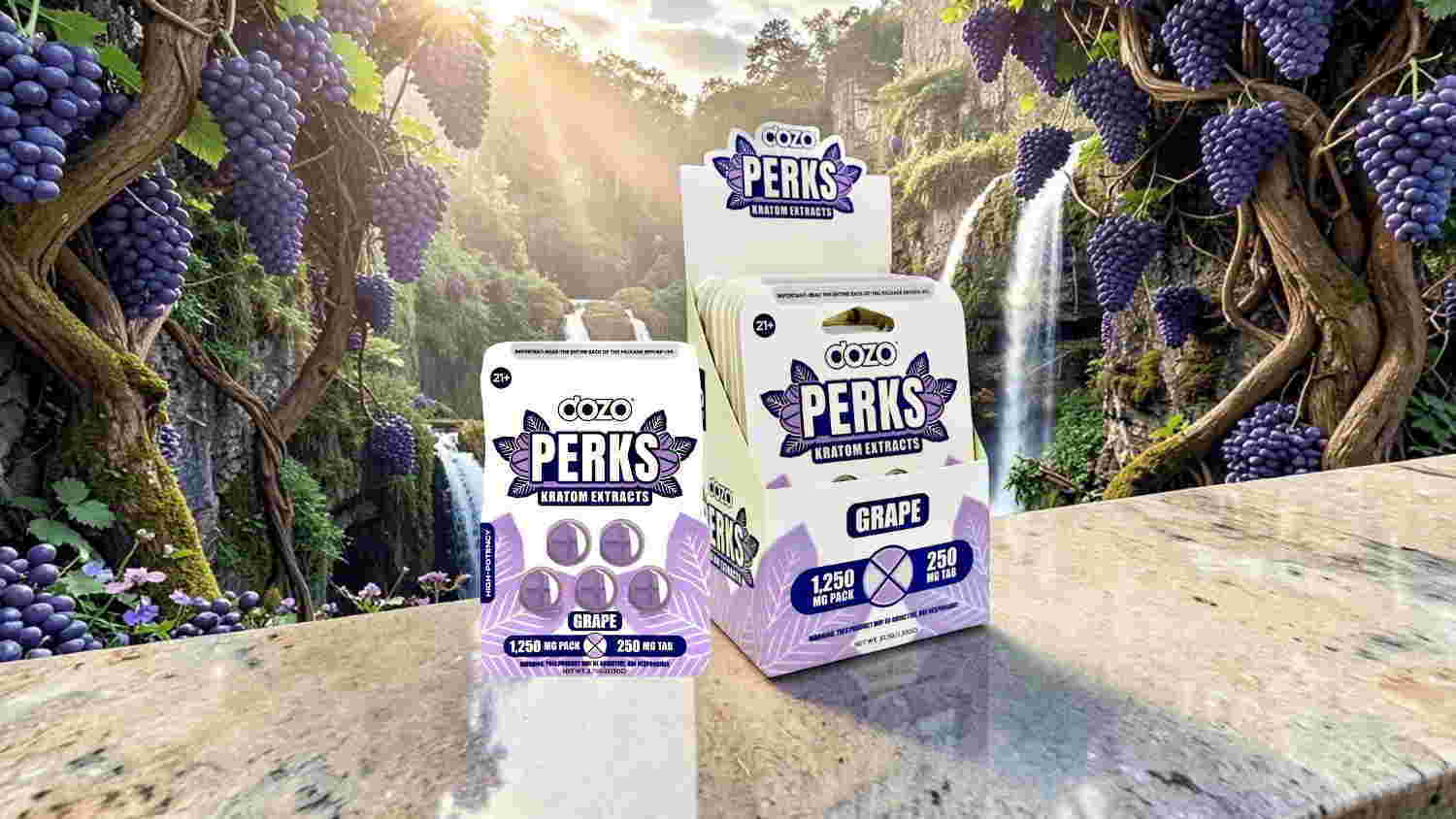 Boxes of candy in a vibrant, natural setting with grapes and a waterfall.