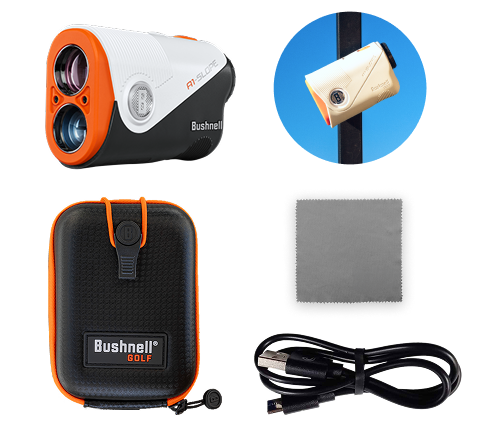 Bushnell golf rangefinder kit with accessories and protective case.