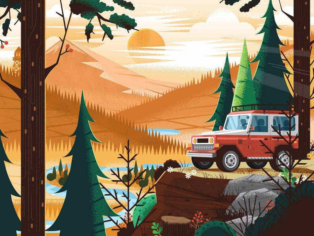 A digital illustration of a forest scene with a red ATV-like vehicle.