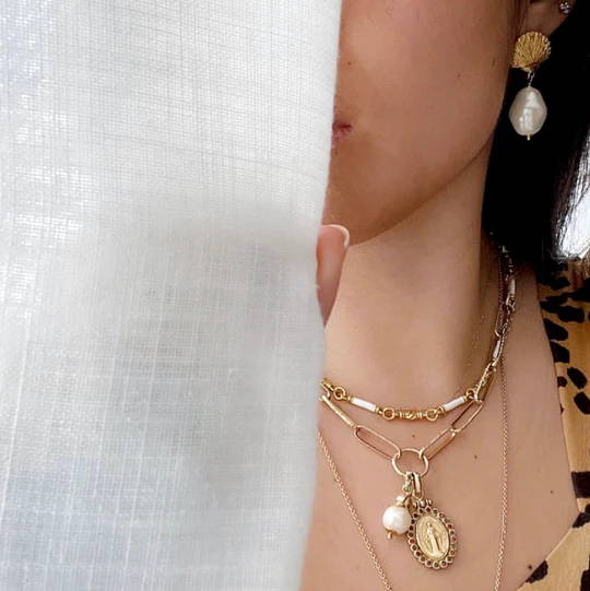 Felicia Evalina wears Soru Jewellery  pearl earrings enamel necklace Madonna necklace pearl charm 