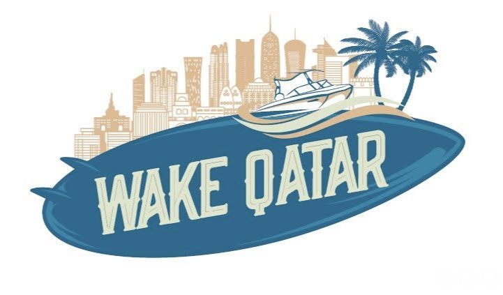 Logo for Wake Qatar featuring a skyline and palm trees.